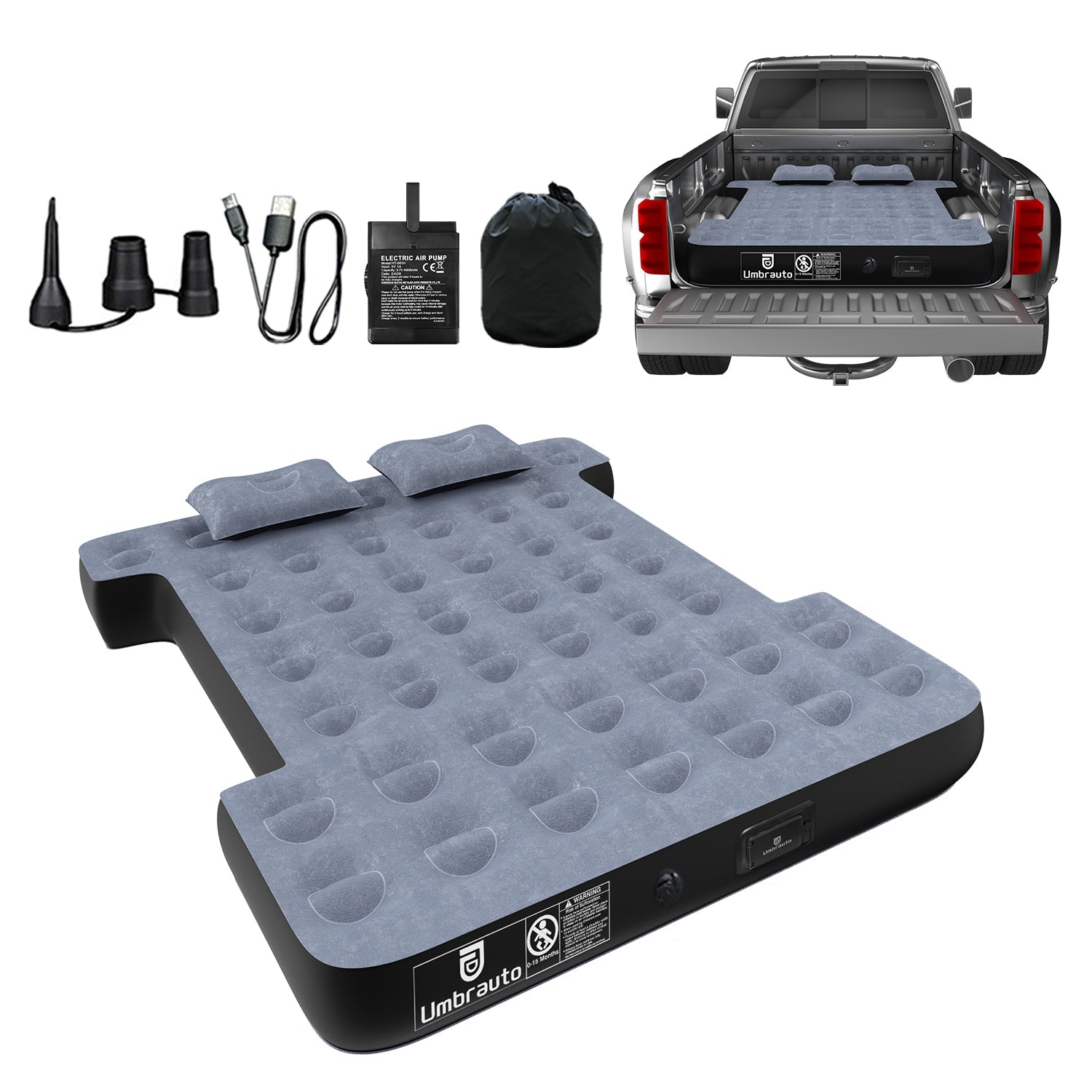 Umbrauto 5.5-5.8FT Full Size Truck Bed Mattress with Detachable Pump,Black/Grey