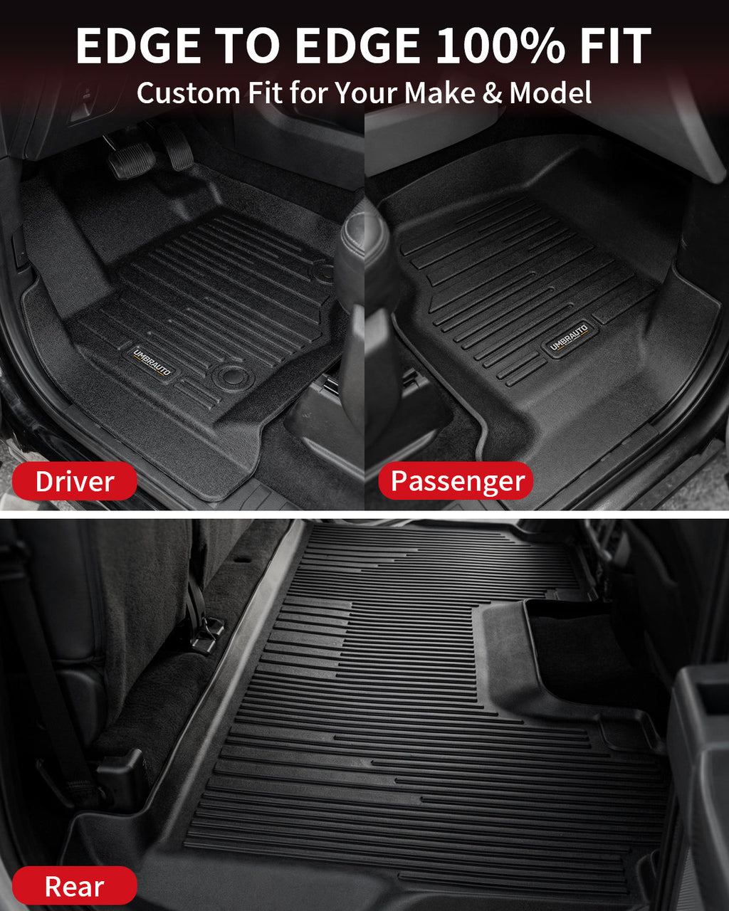 Umbrauto Custom Fit Floor Mats for Ford F250 F350 F450 2017-2025 2026 Super Duty Crew Cab, All Weather Protector TPE Truck Floor Liners for Front Bucket Seats, Rear W/Fold-Flat Storage, Carpet Floor