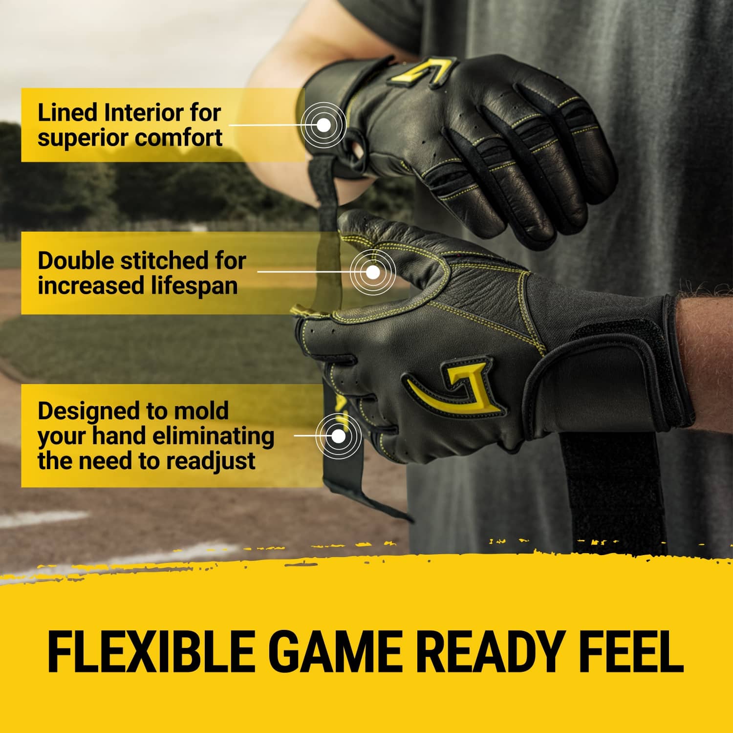 Legacy Series Long Cuff Black and Yellow Batting Gloves