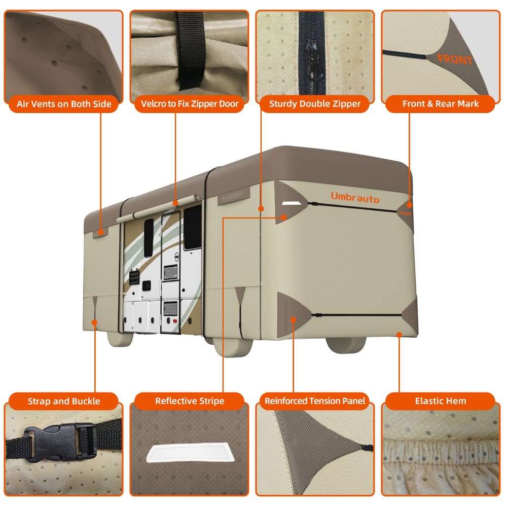 Umbrauto Class A RV Cover Upgraded Heavy Duty 7 Layers Top Windproof Breathable Class A Motorhome Camper Cover,Khaki