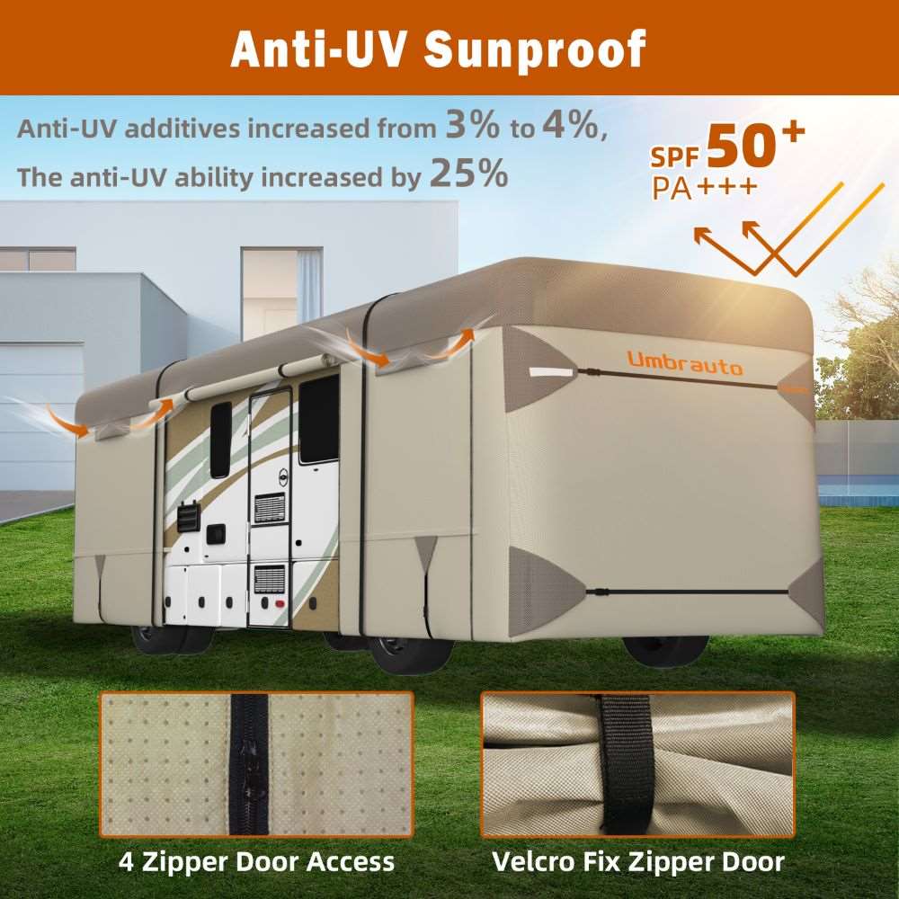 Umbrauto Class A RV Cover Upgraded Heavy Duty 7 Layers Top Windproof Breathable Class A Motorhome Camper Cover,Khaki