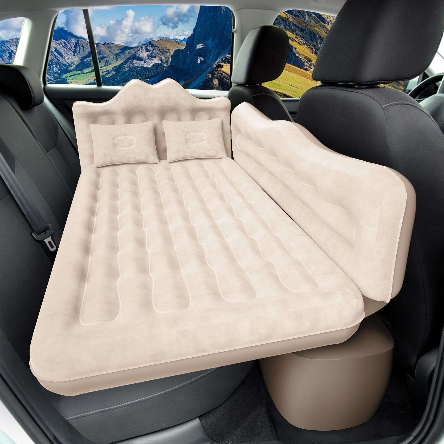 Umbrauto 29.53in/75cm Wide Car Air Mattress Inflatable SUV, Truck & Van Back Seat Camping Bed with Pump & Pillows, Beige