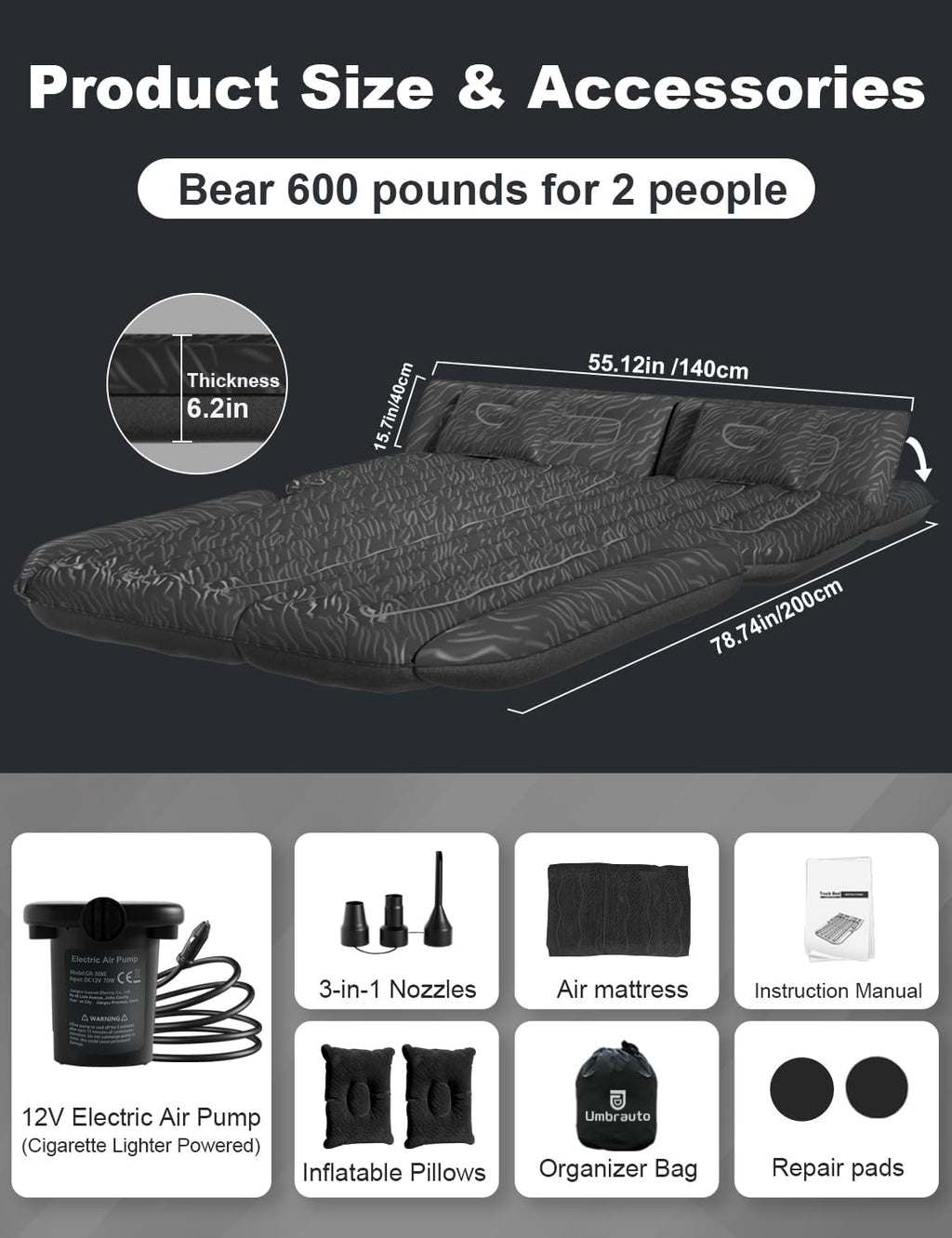 Umbrauto 63in Extended SUV Mattress Quick Inflate, Includes Pump & 2 Pillows£¬Teal