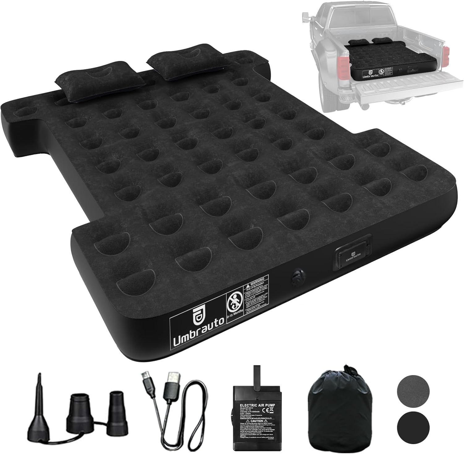 Umbrauto 5.5-5.8FT Full Size Truck Bed Mattress with Detachable Pump,Black/Grey