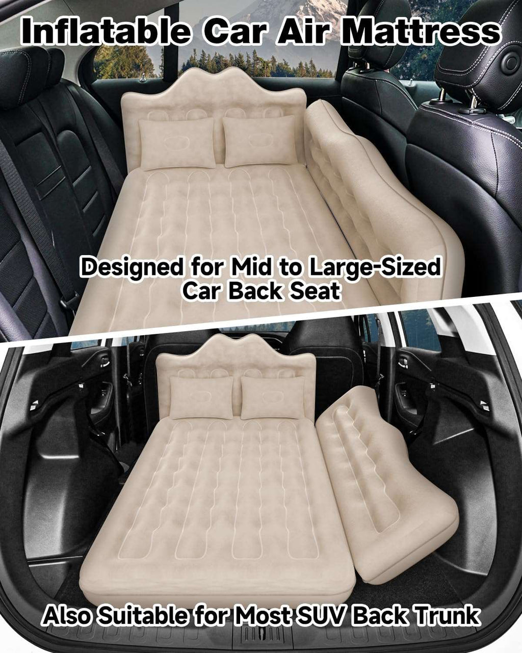 Umbrauto 29.53in/75cm Wide Car Air Mattress Inflatable SUV, Truck & Van Back Seat Camping Bed with Pump & Pillows, Beige