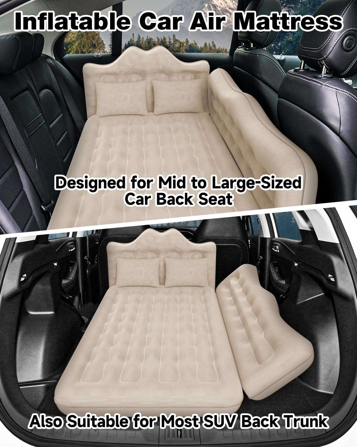 Umbrauto 29.53in/75cm Wide Car Air Mattress Inflatable SUV, Truck & Van Back Seat Camping Bed with Pump & Pillows, Beige