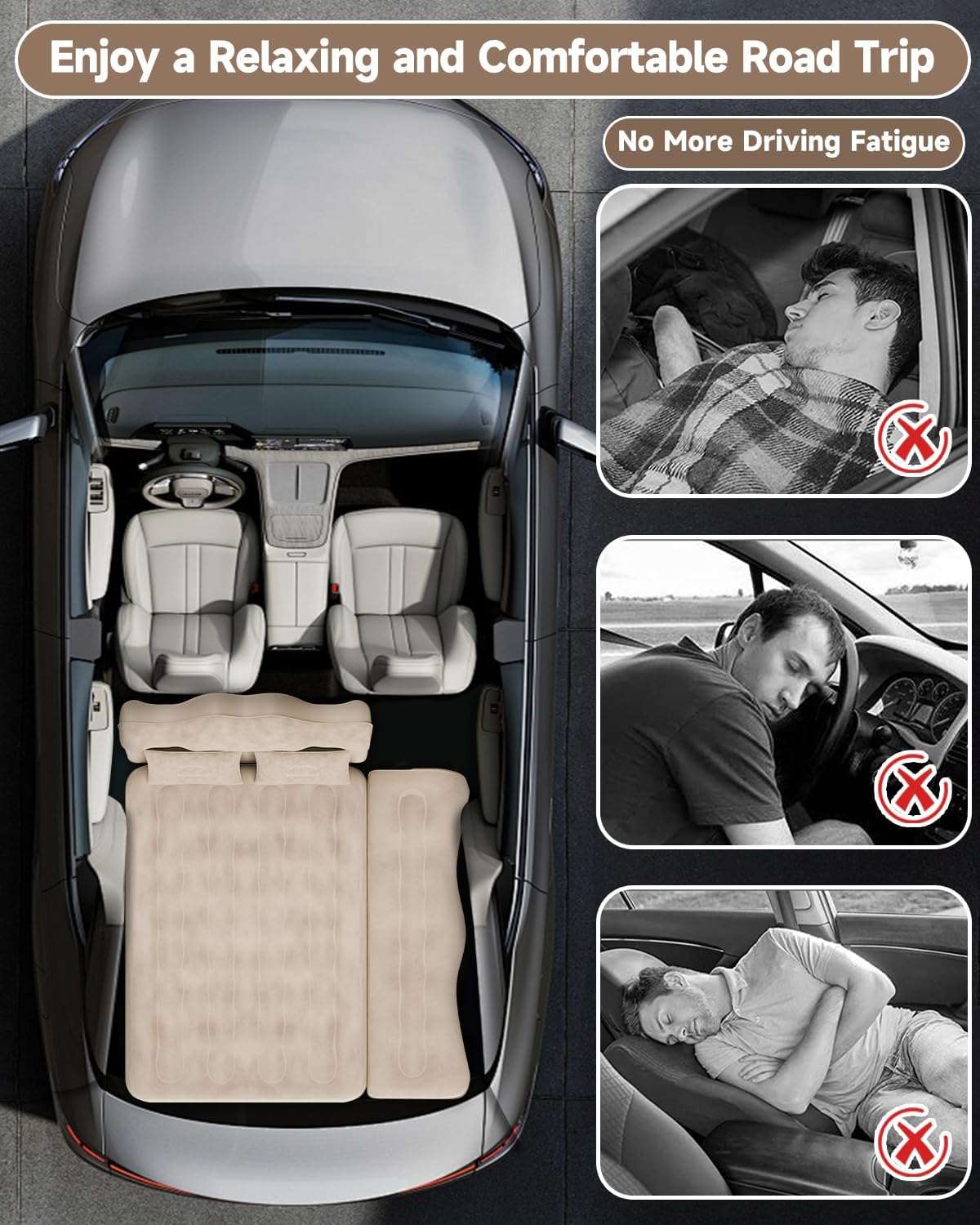 Umbrauto 29.53in/75cm Wide Car Air Mattress Inflatable SUV, Truck & Van Back Seat Camping Bed with Pump & Pillows, Beige