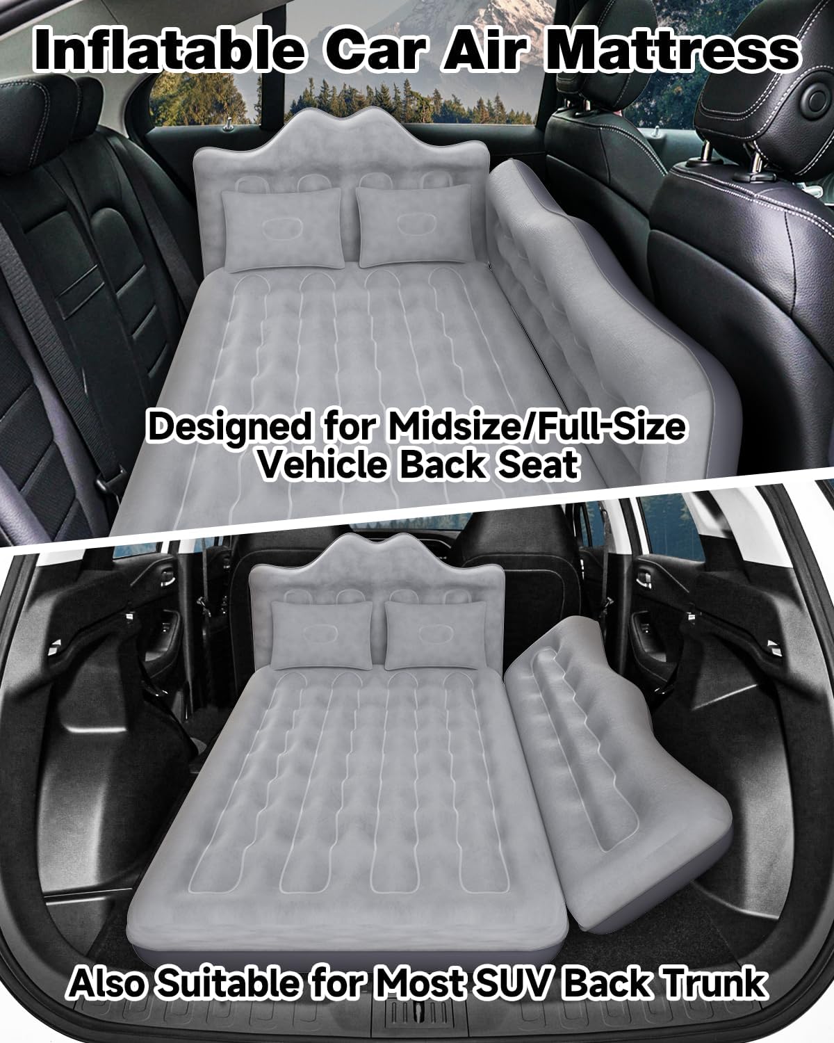 Umbrauto 29.53in/75cm Wide Car Air Mattress Inflatable SUV, Truck & Van Back Seat Camping Bed with Pump & Pillows, Gray