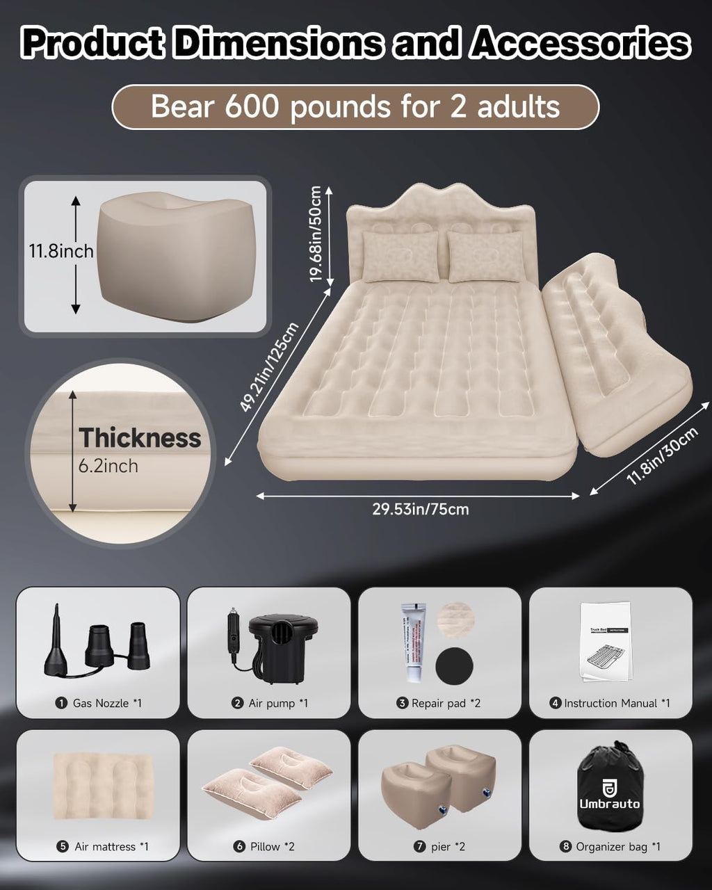 Umbrauto 29.53in/75cm Wide Car Air Mattress Inflatable SUV, Truck & Van Back Seat Camping Bed with Pump & Pillows, Beige