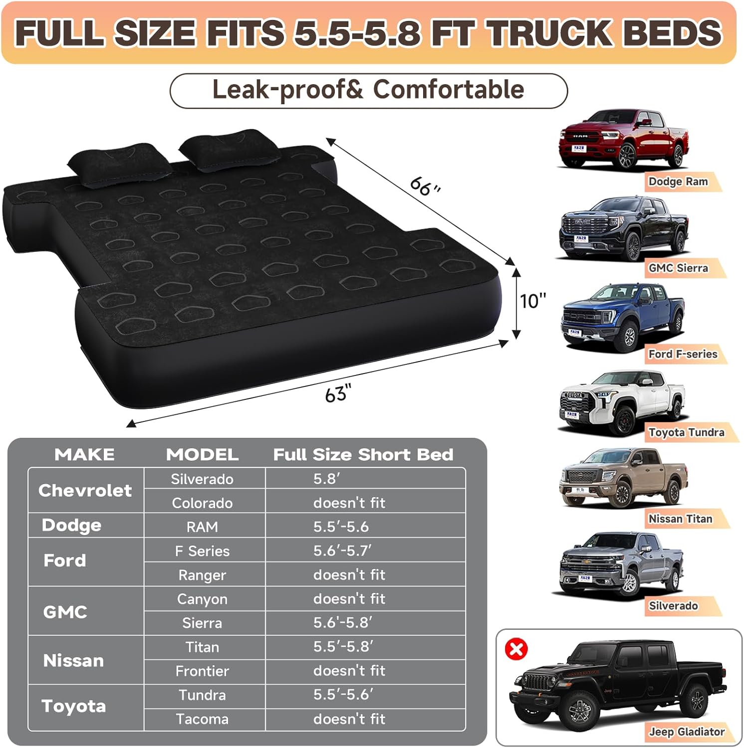 Umbrauto 5.5-5.8FT Full Size Truck Bed Mattress with Detachable Pump,Black/Grey