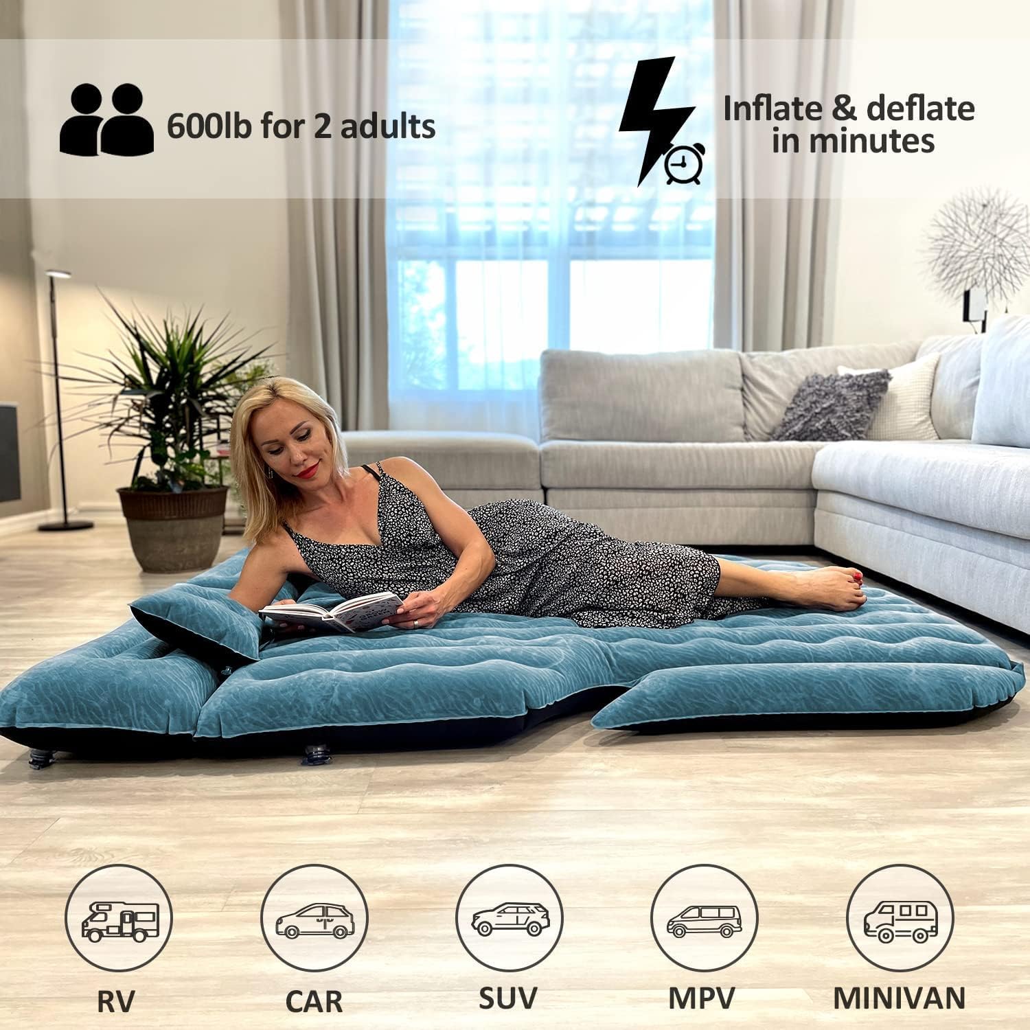 Umbrauto 63in Extended SUV Mattress Quick Inflate, Includes Pump & 2 Pillows£¬Teal