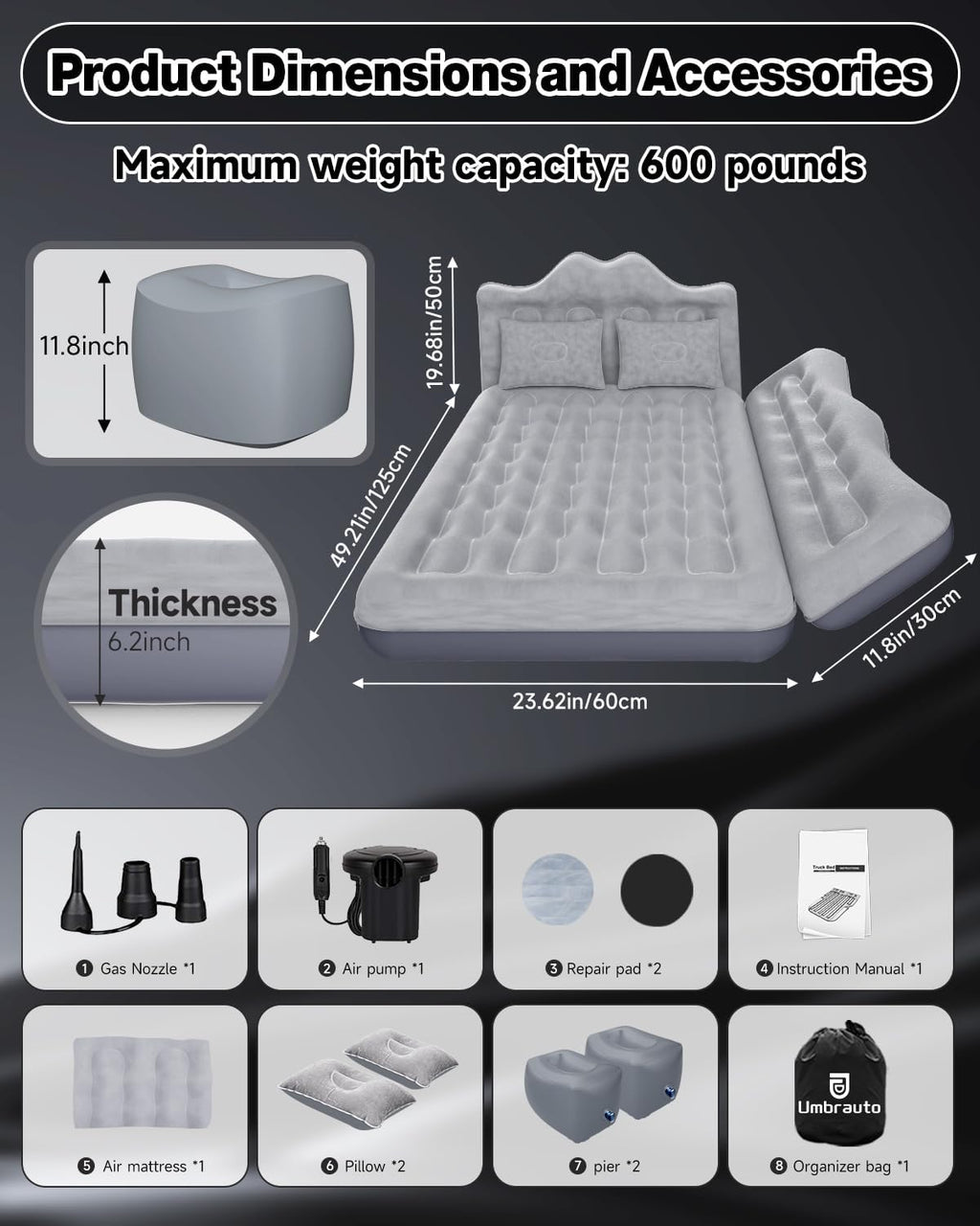 Umbrauto 23.62in/60cm Wide Inflatable Truck Mattress Car & SUV Back Seat Camping Bed with Pump