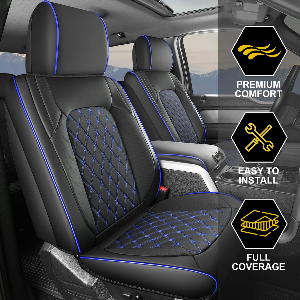 Umbrauto Custom Fit Seat Covers for Ford F150, Pickup Truck Nappa Leather Seatcovers for 2015-2025 Ford F150 SuperCrew/ 2017-2025 F250 F350 F450 Super Duty Crew Cab XL XLT Lariat King Ranch Platinum,Blue