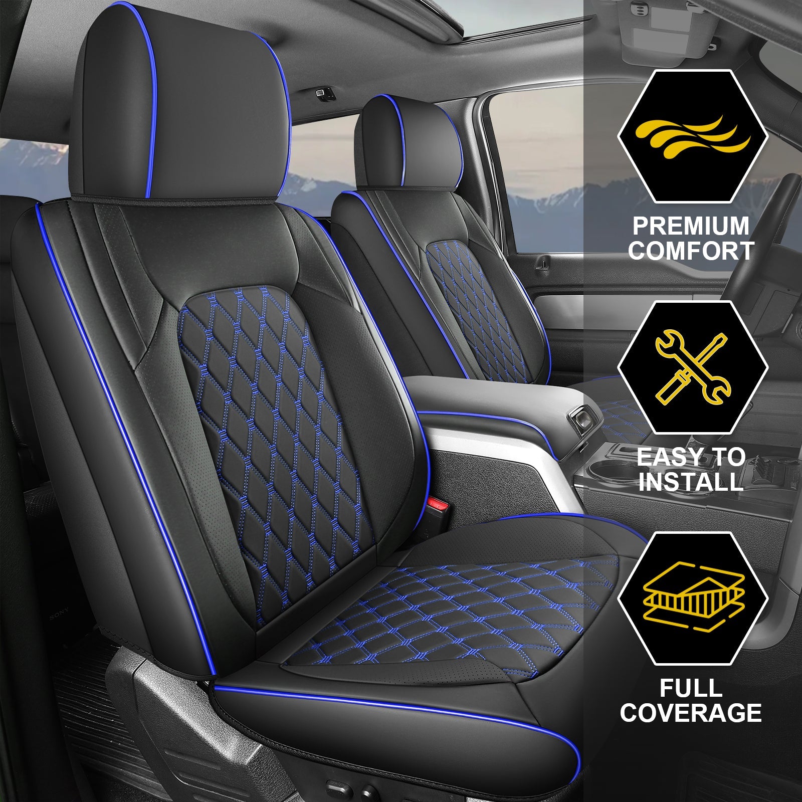 Umbrauto Custom Fit Seat Covers for Ford F150, Pickup Truck Nappa Leather Seatcovers for 2015-2025 Ford F150 SuperCrew/ 2017-2025 F250 F350 F450 Super Duty Crew Cab XL XLT Lariat King Ranch Platinum,Blue