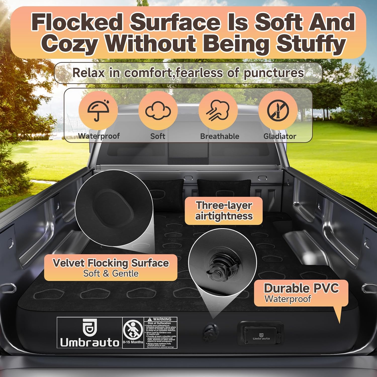 Umbrauto 5.5-5.8FT Full Size Truck Bed Mattress with Detachable Pump,Black/Grey