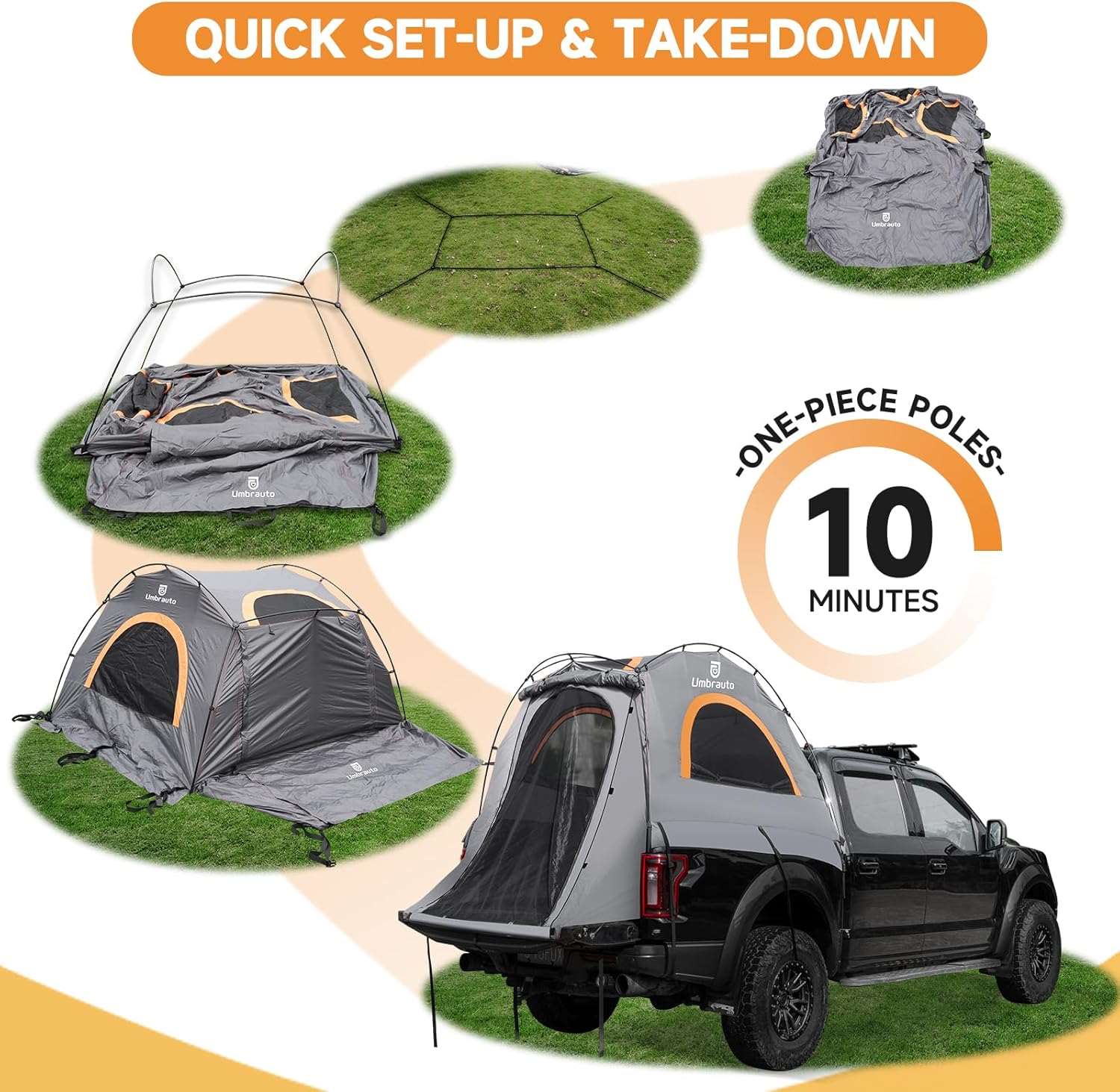 Umbrauto 5.5-5.8FT Truck Bed Tent for 2 Person | 10-Min Quick Setup Waterproof PU3000 Camping Tent for Pickup Trucks