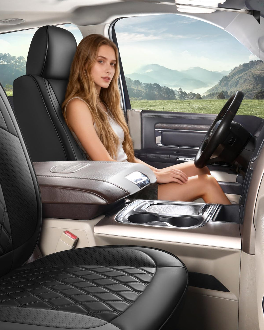 Custom Seat Covers fit for Dodge Ram 1500 2500 3500, Full Coverage Luxury Leather Ram Truck Seat Cover 2009-2025 Compatible with Crew Cab Double Quad Regular ( Full Set (Flat Front/Curved Rear))