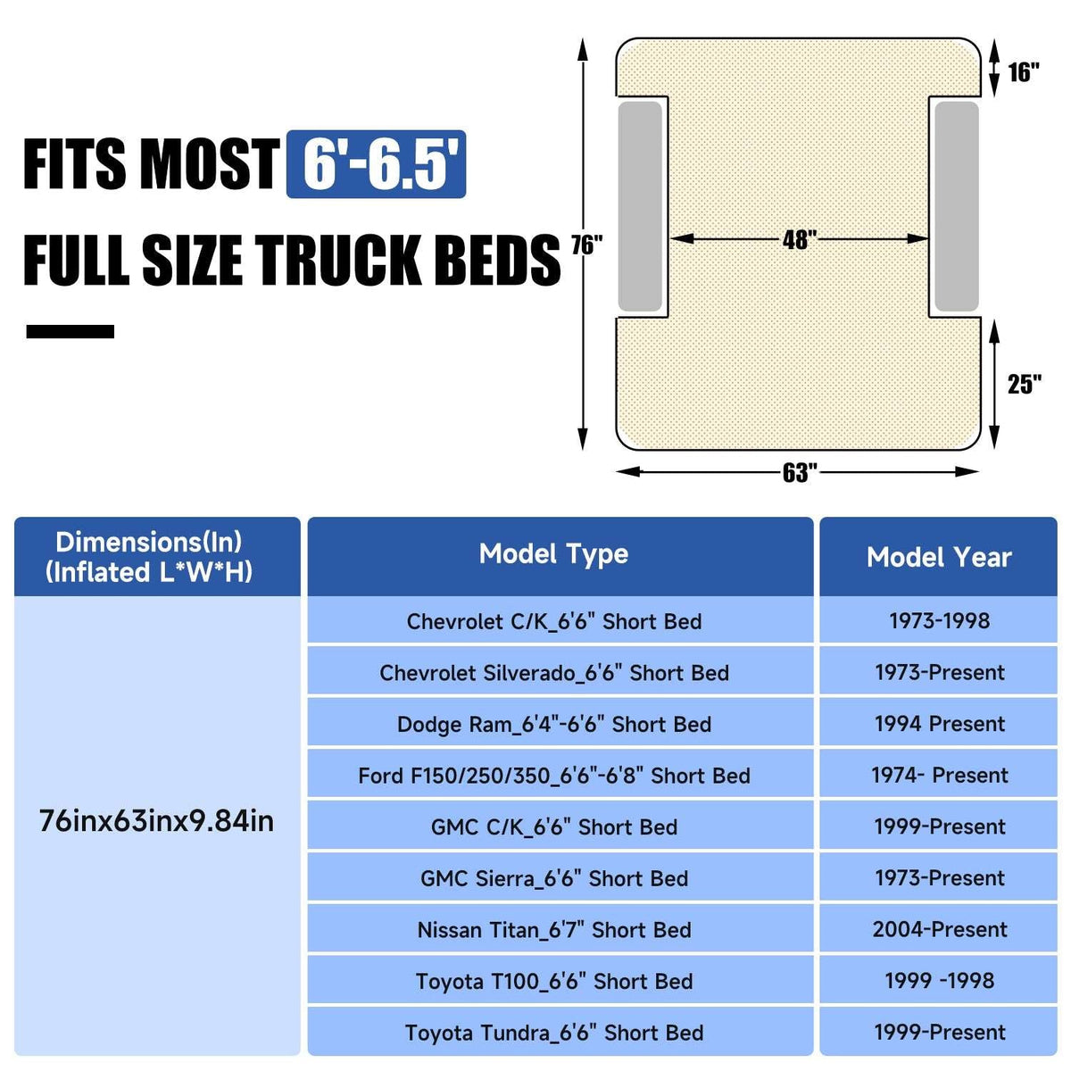 Umbrauto  6-6.5FT Full Size Truck Air Mattress 1.0,Multiple Colors